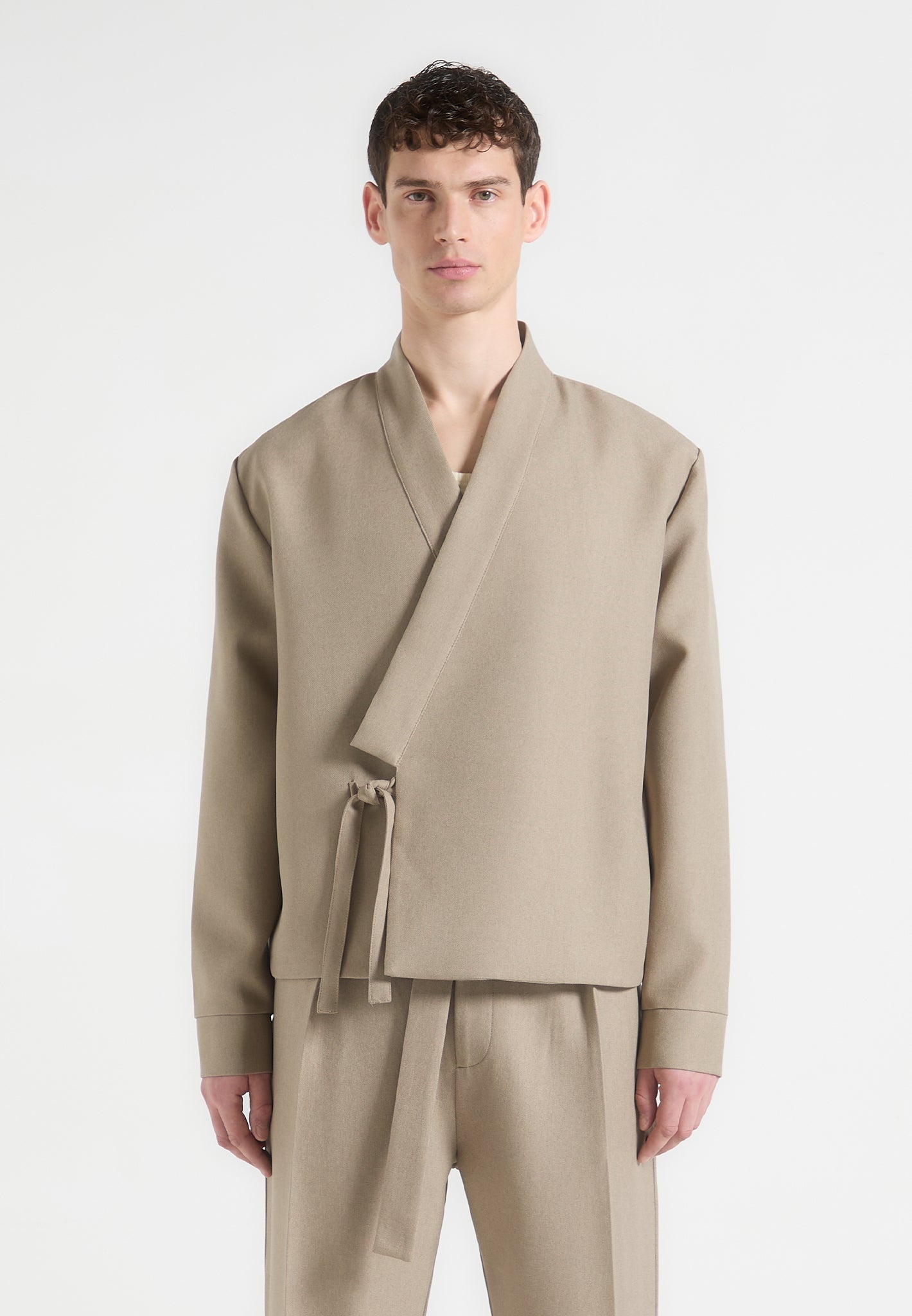 Robin - Textured Kimono Wrap Jacket - Beige