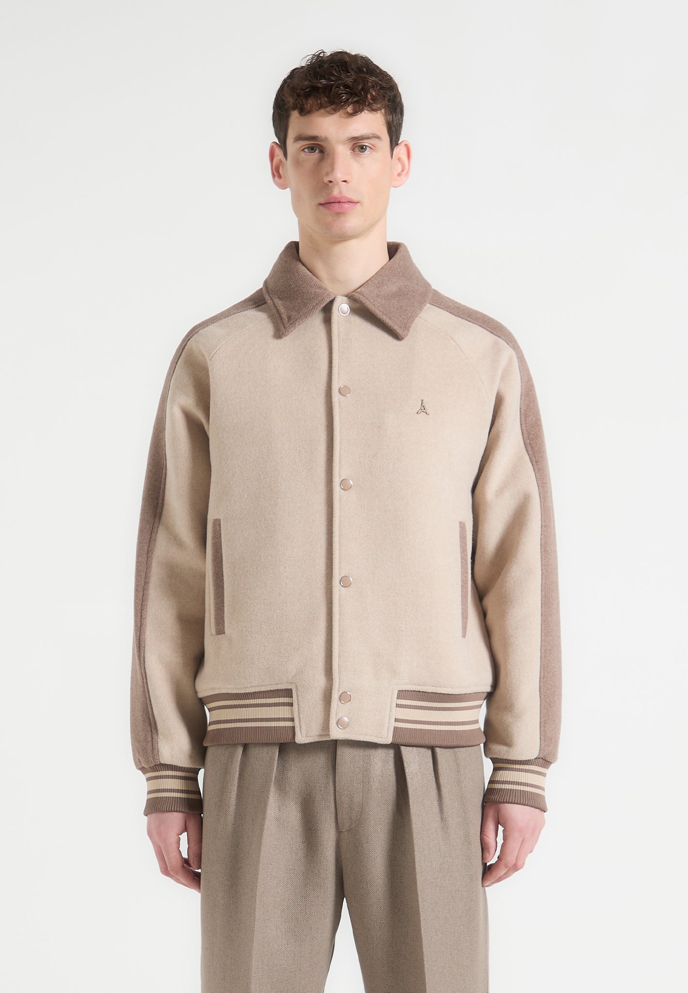 André - Contrast Wool Blend Varsity Jacket - Beige 