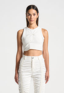 Tacked Ribbed Crop Top - White