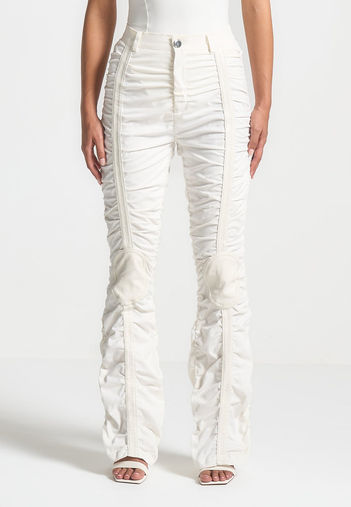 Ruched Pants with Knee Patch - White
