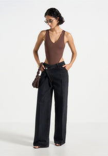 BS001 - V-Neck Bodysuit - Brown