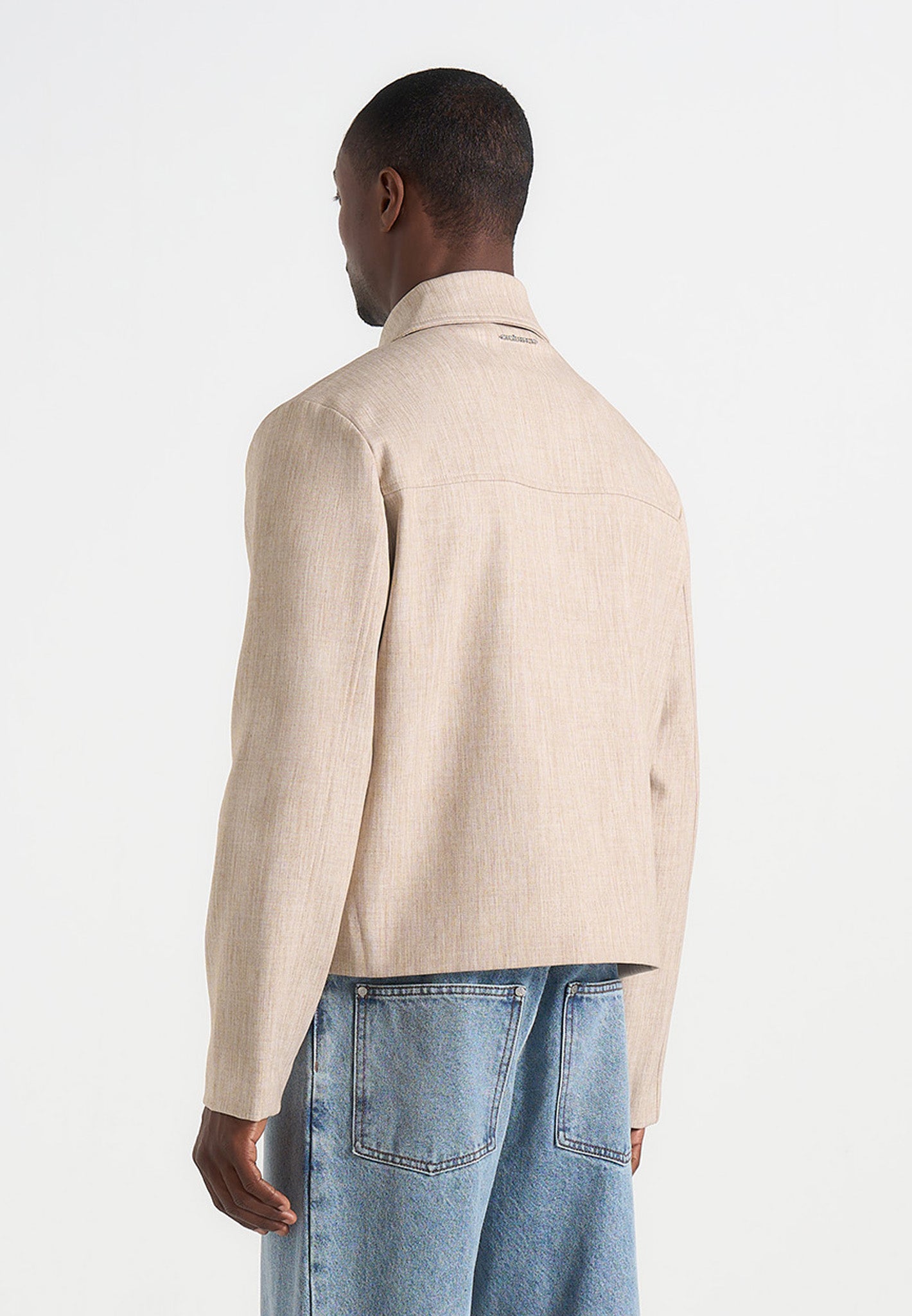 Amir - Boxy Hatched Harrington Jacket - Beige