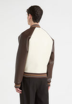 Contrast Leather Bomber Jacket - Cream/Brown