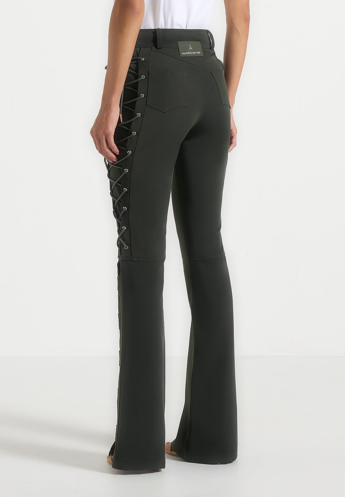 Ambre - Drill Lace Up Flared Pants - Olive