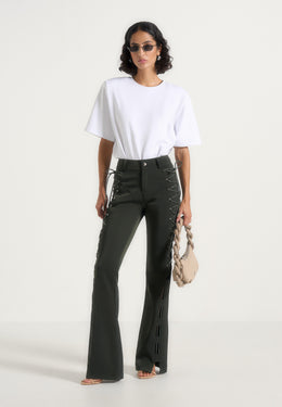 Ambre - Drill Lace Up Flared Trousers - Olive