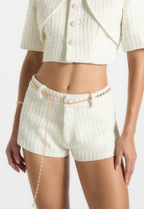 Elina - Tweed Mini Shorts With Belt - Cream