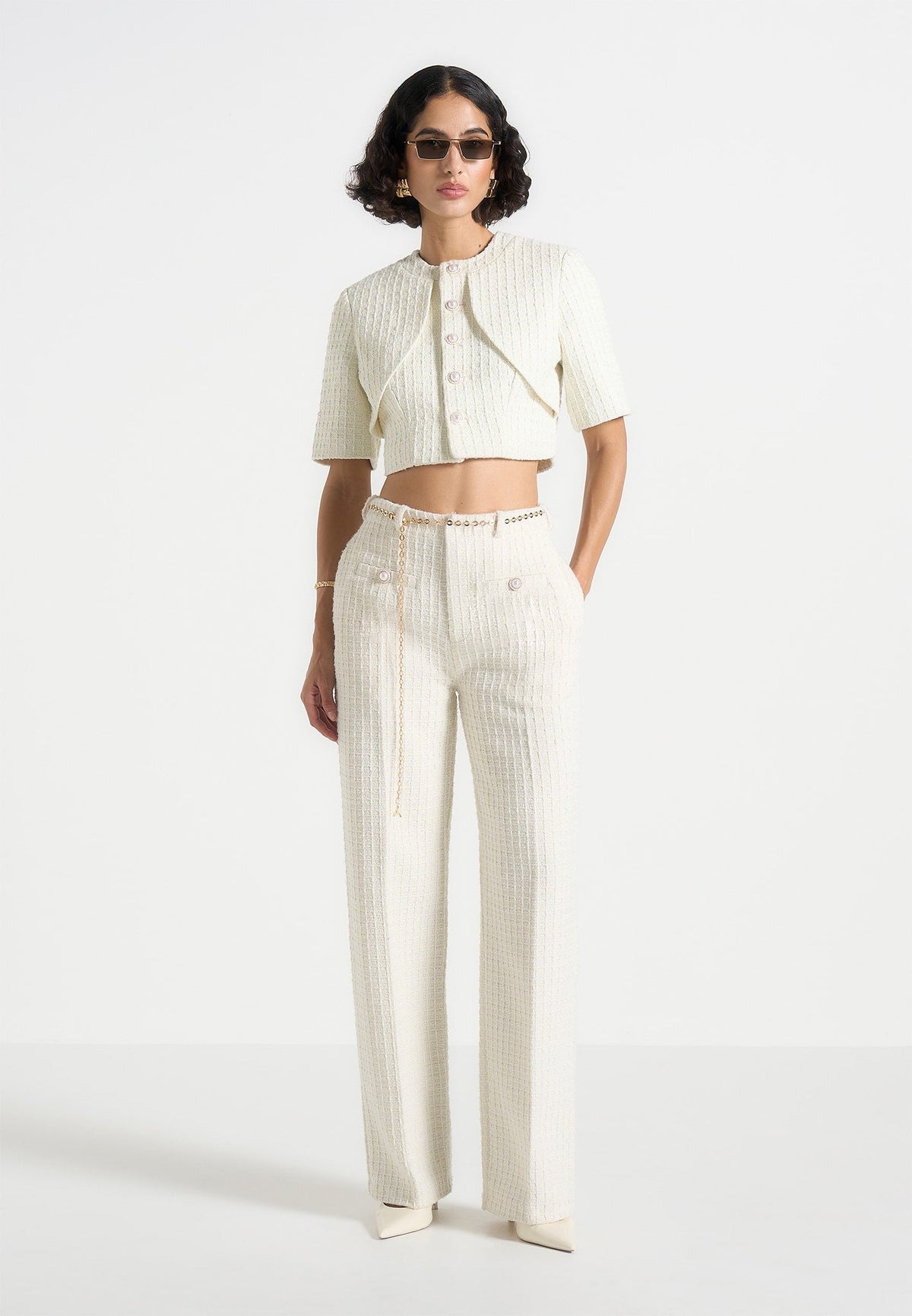 Alba - Tweed Mock Neck Curve Detailing Top - Cream