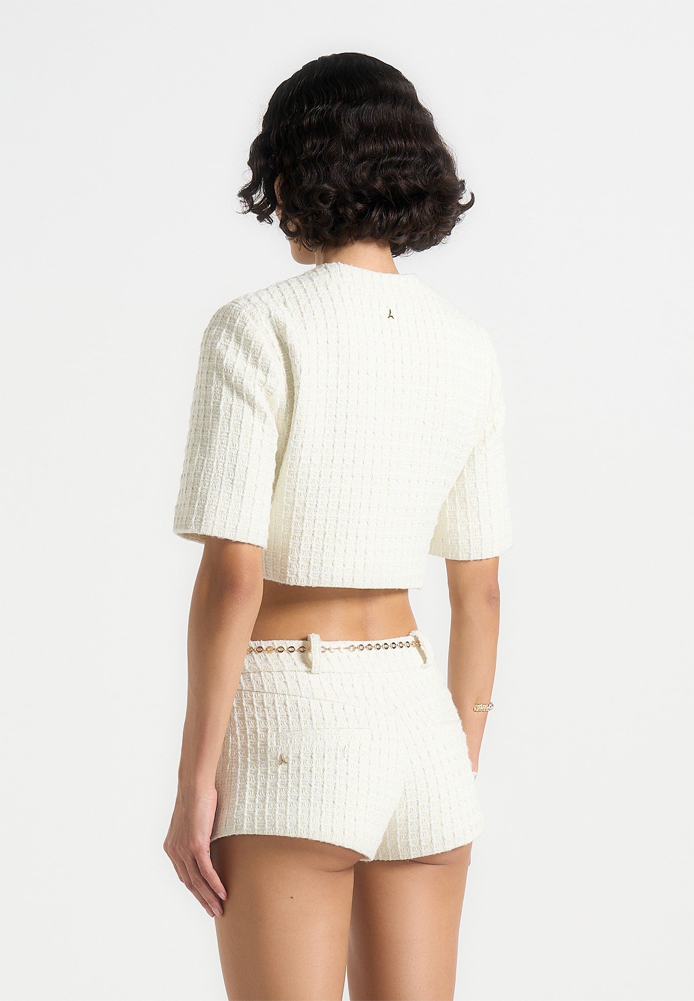 Alba - Tweed Mock Neck Curve Detailing Top - Cream