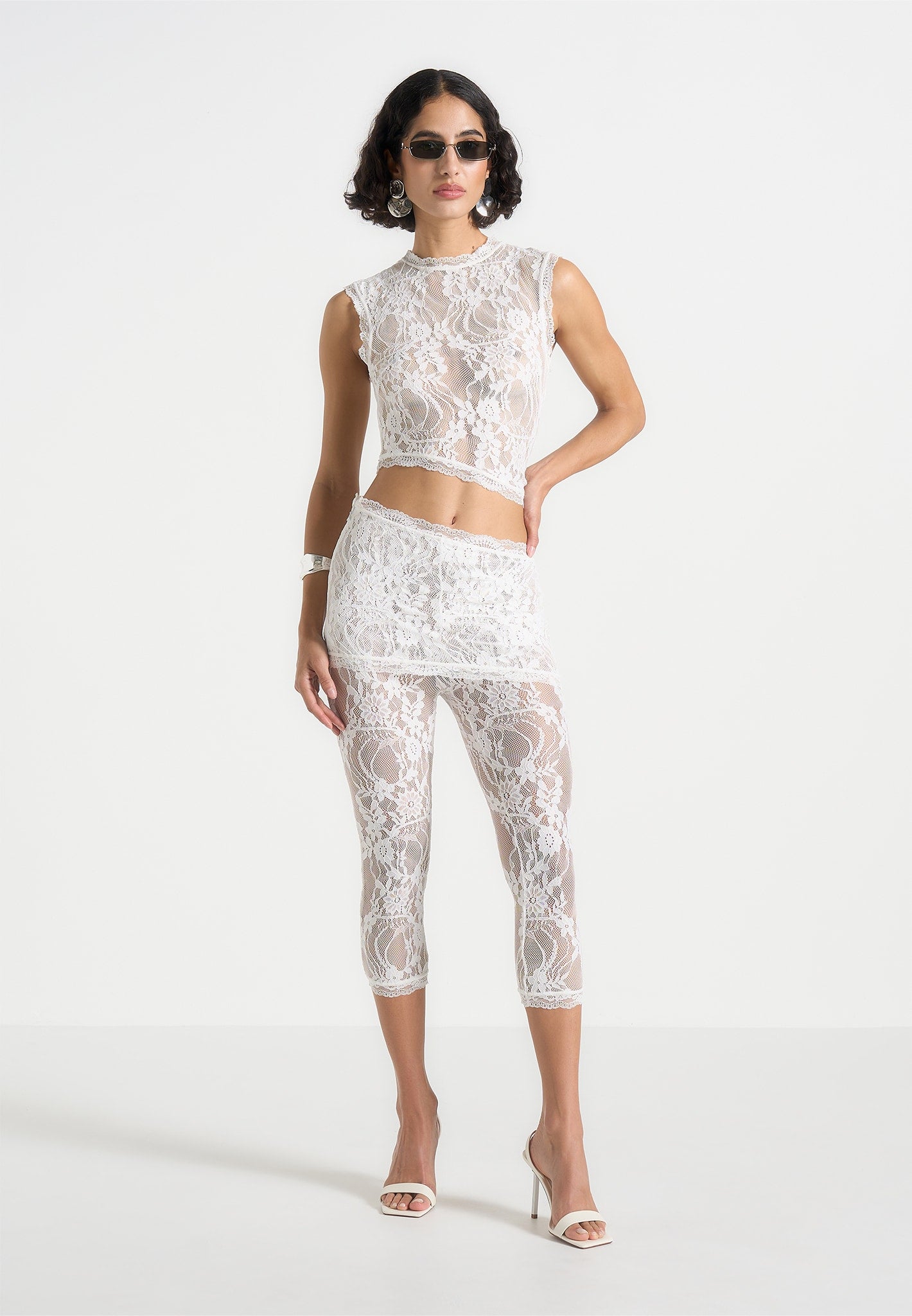 Aimée - Lace Asymmetric Capri Leggings - White 