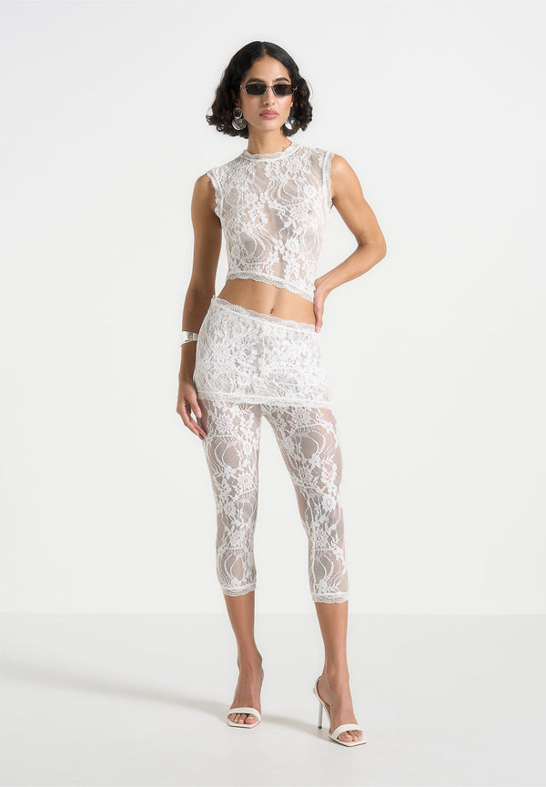 Aimée - Lace Asymmetric Capri Leggings - White