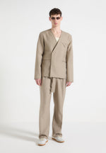 Collarless Double Breasted Minimal Blazer - Beige