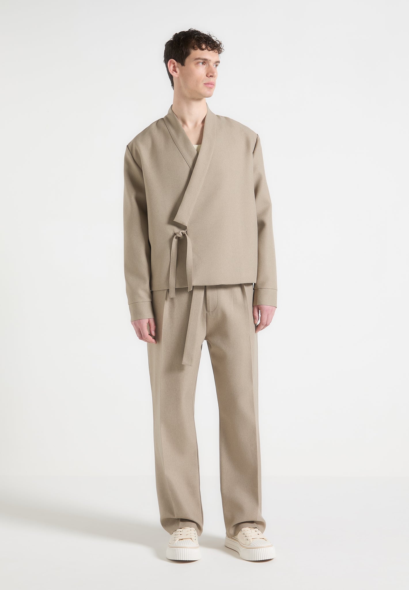 Robin - Textured Kimono Wrap Jacket - Beige
