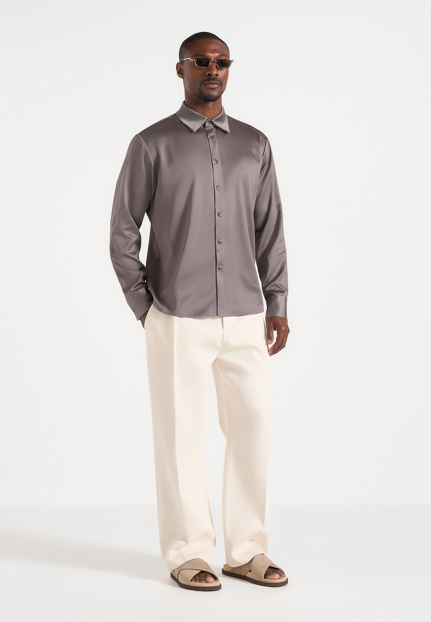 Carter - Unisex Oversized Satin Shirt - Taupe