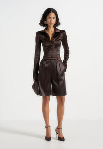 Lorette - Twin Pleat Satin Shorts - Brown