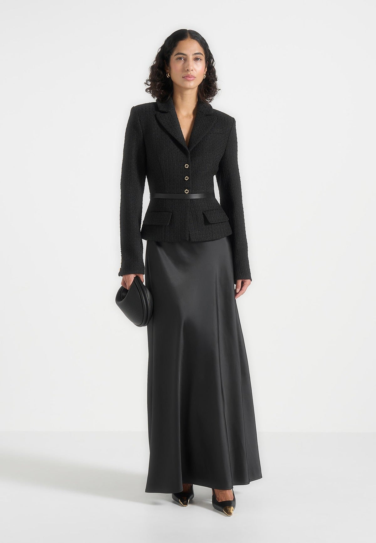 Grace - Boucle And Satin Belted Blazer Maxi Dress - Black