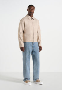 Amir - Boxy Hatched Harrington Jacket - Beige