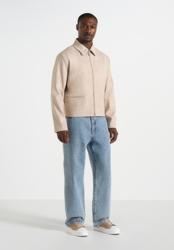 Amir - Boxy Hatched Harrington Jacket - Beige