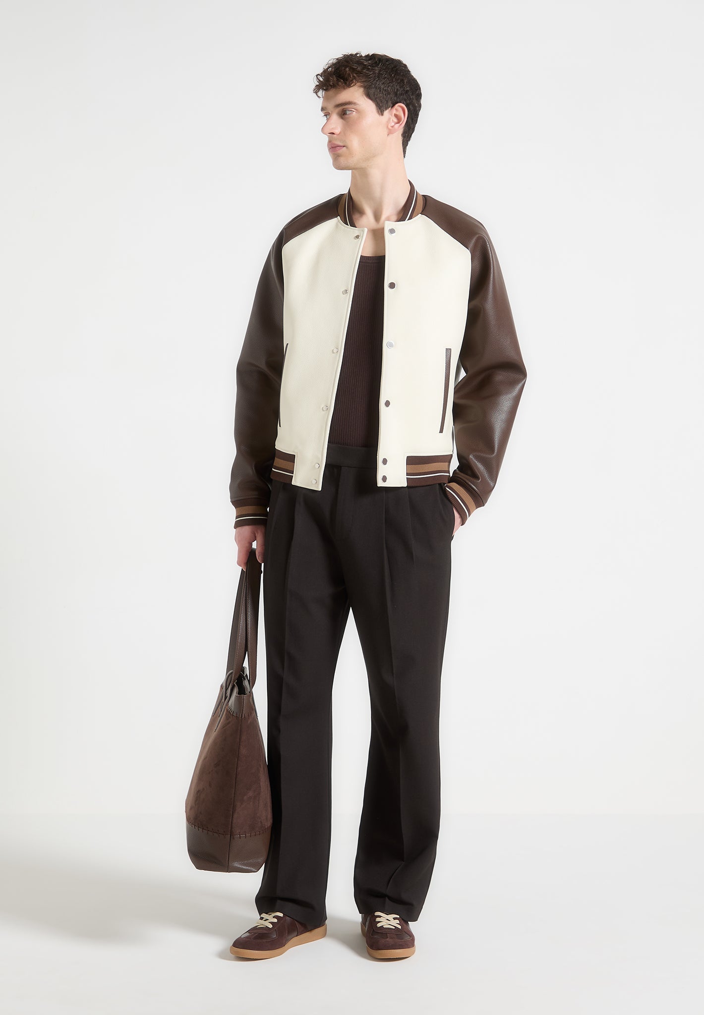 Contrast Leather Bomber Jacket - Cream/Brown