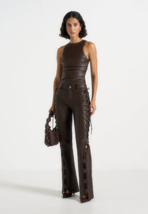 Ambre - Leather Lace Up Flared Pants - Brown