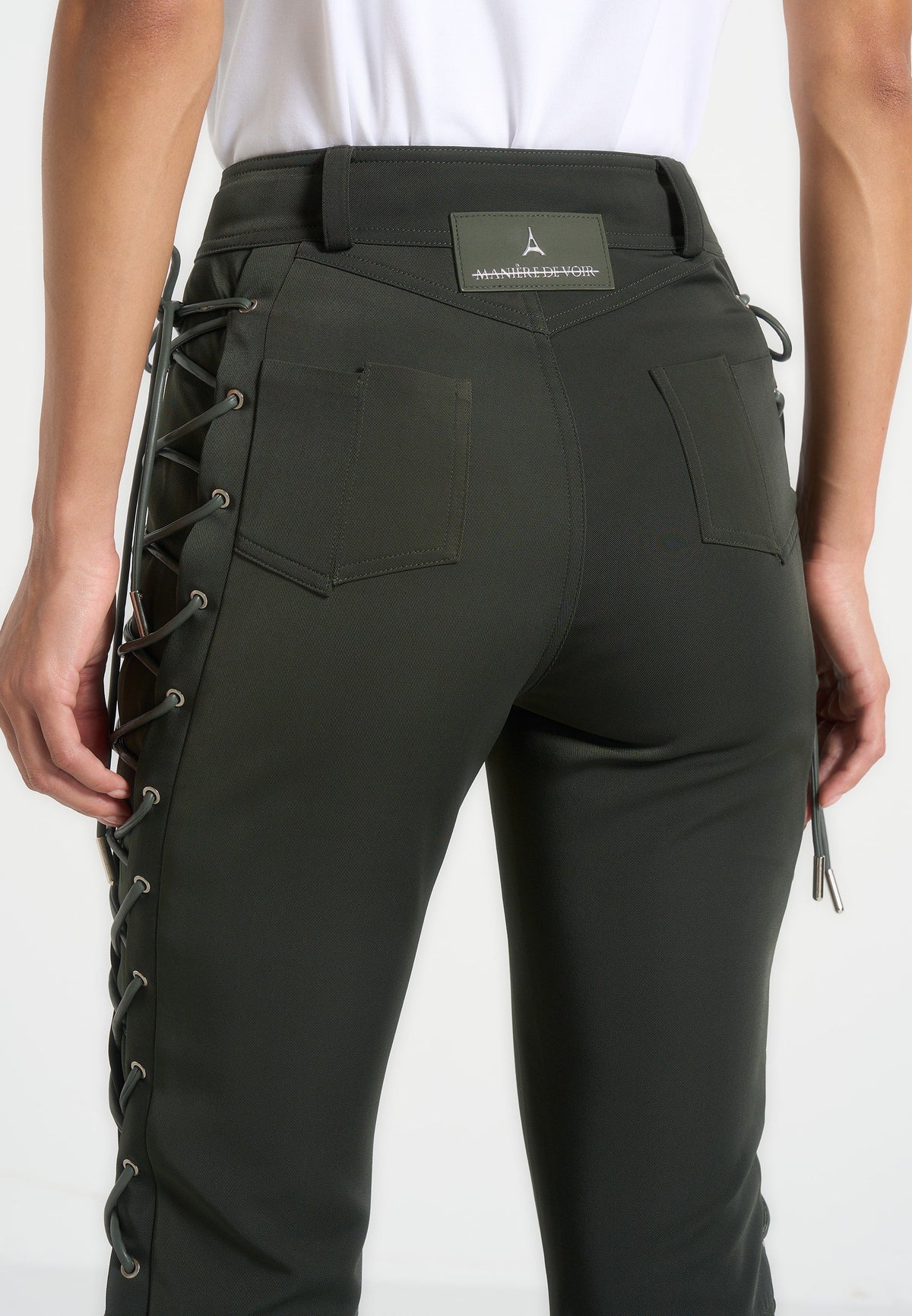 Ambre - Drill Lace Up Flared Pants - Olive