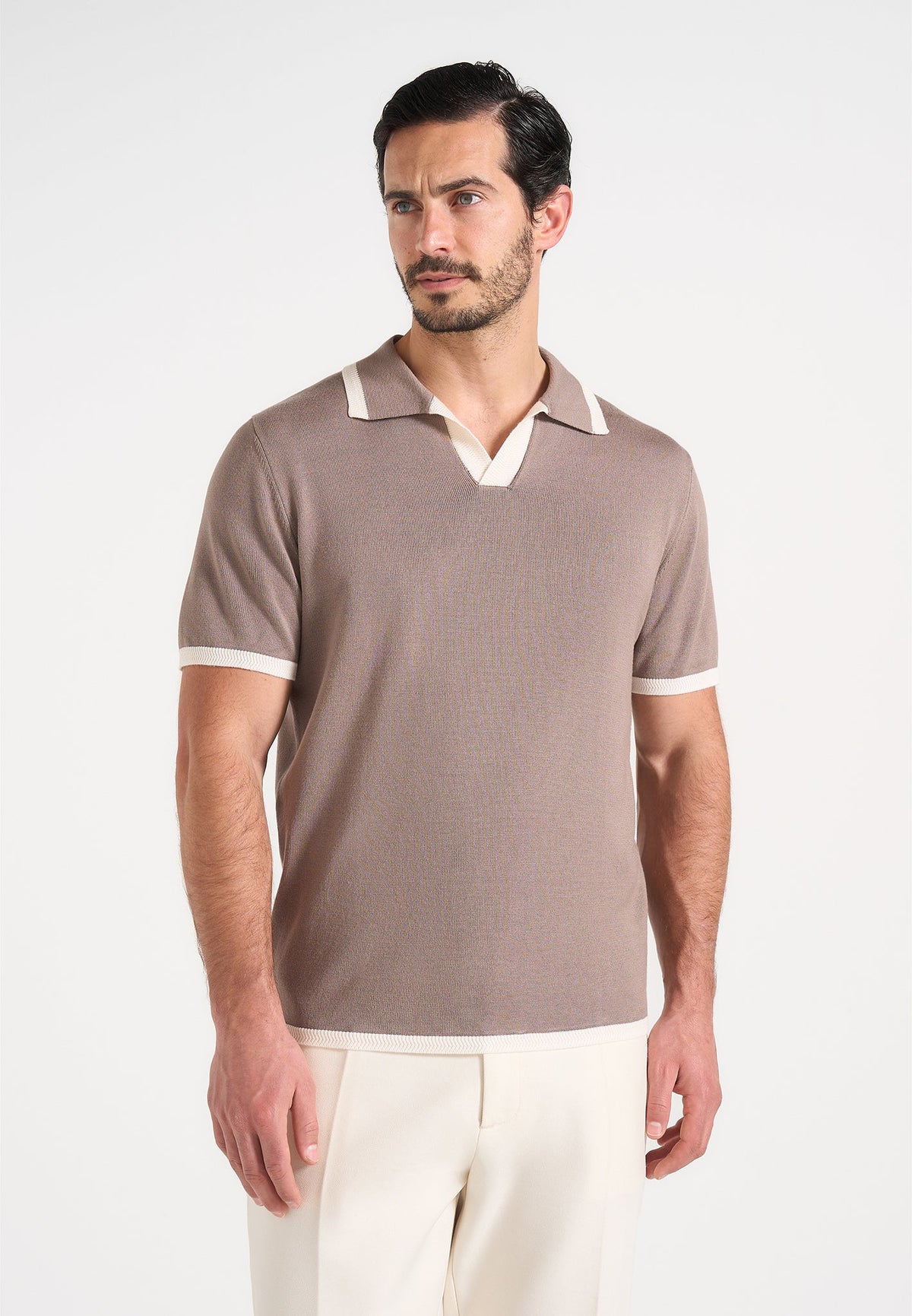 Lambert - Contrast Detail Knit Polo Shirt - Mushroom