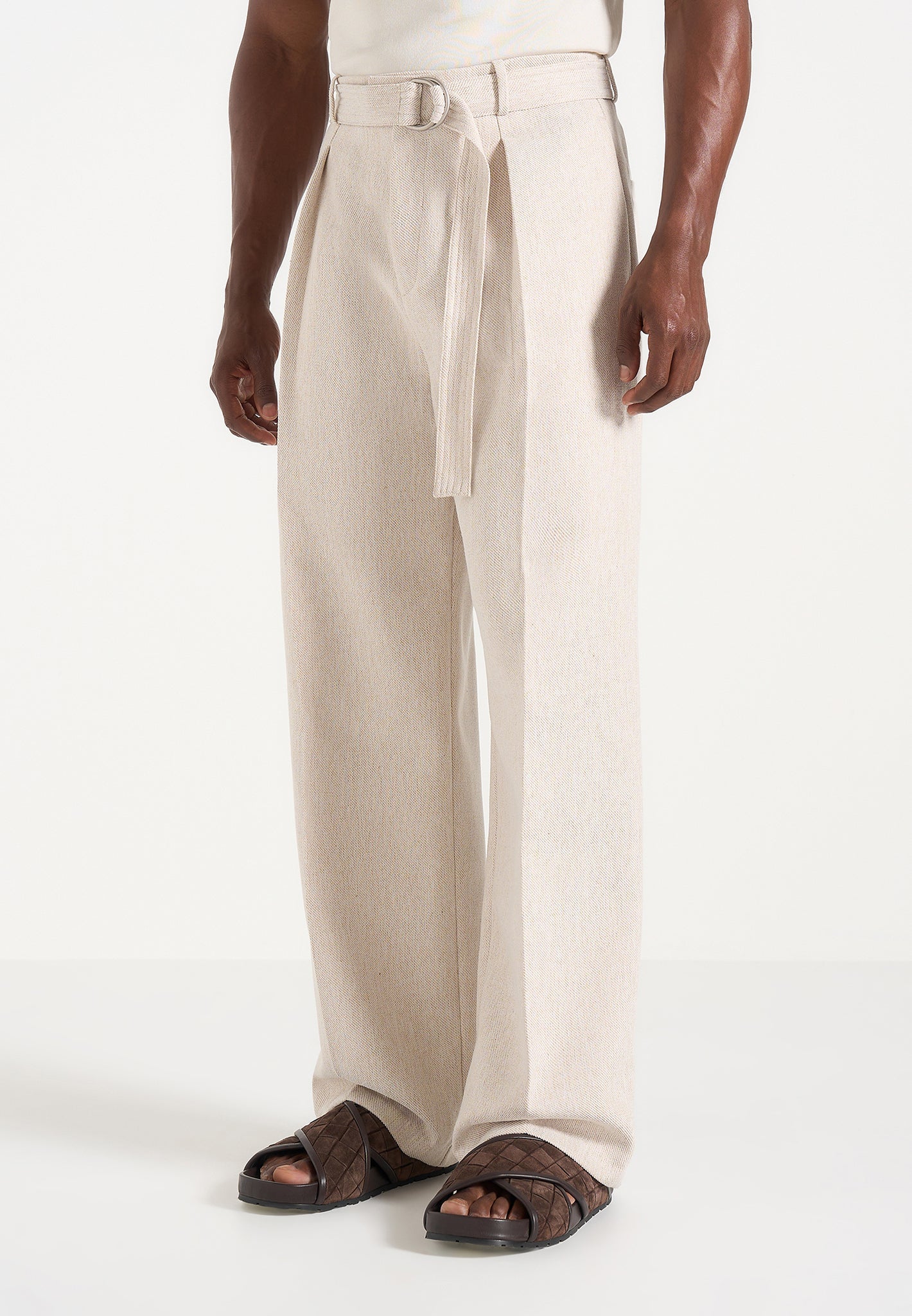 Loic -  Wide Leg Textured Pants with Belt - Cream
