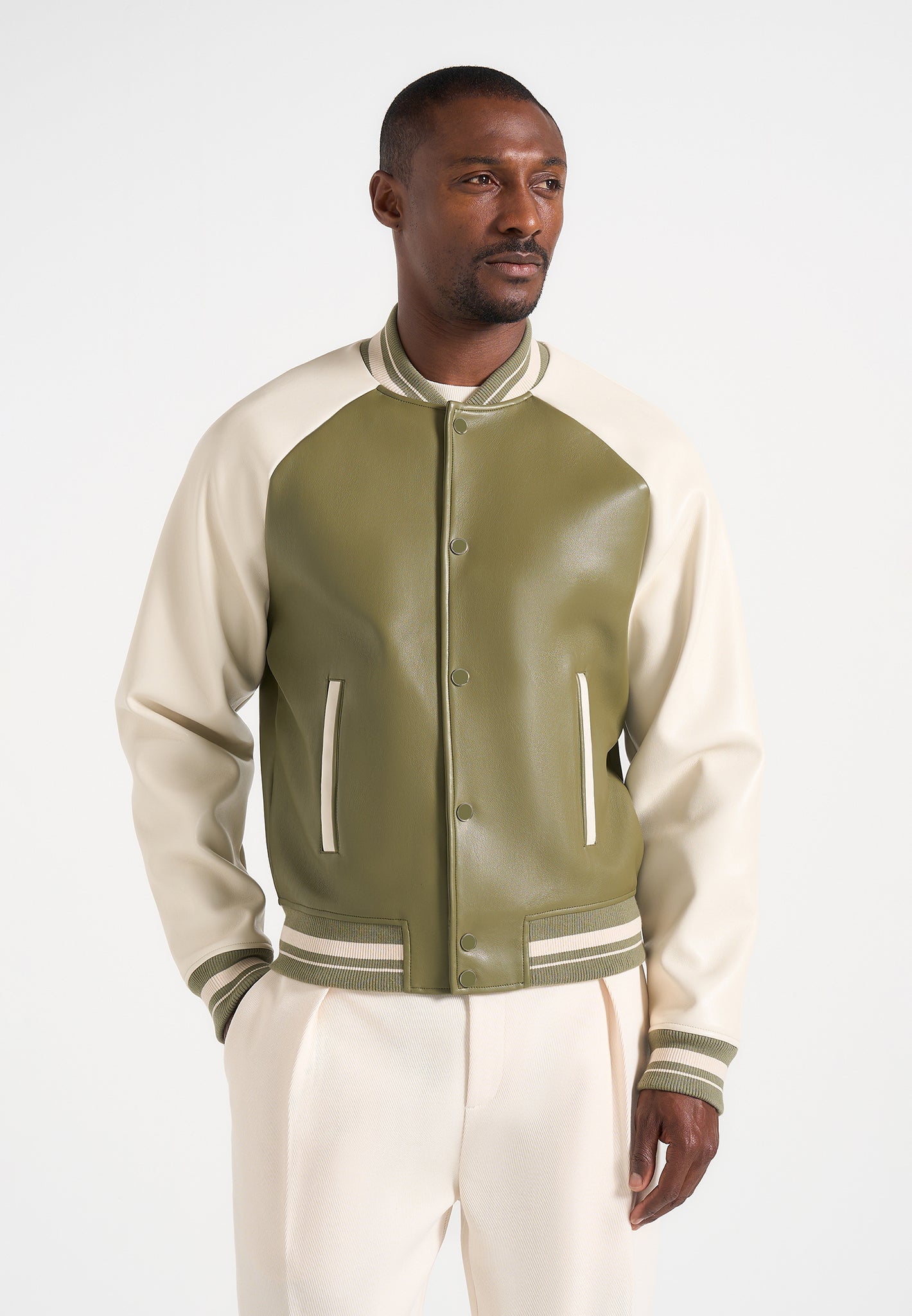 Guy - Contrast Leather Bomber Jacket - Olive/Cream