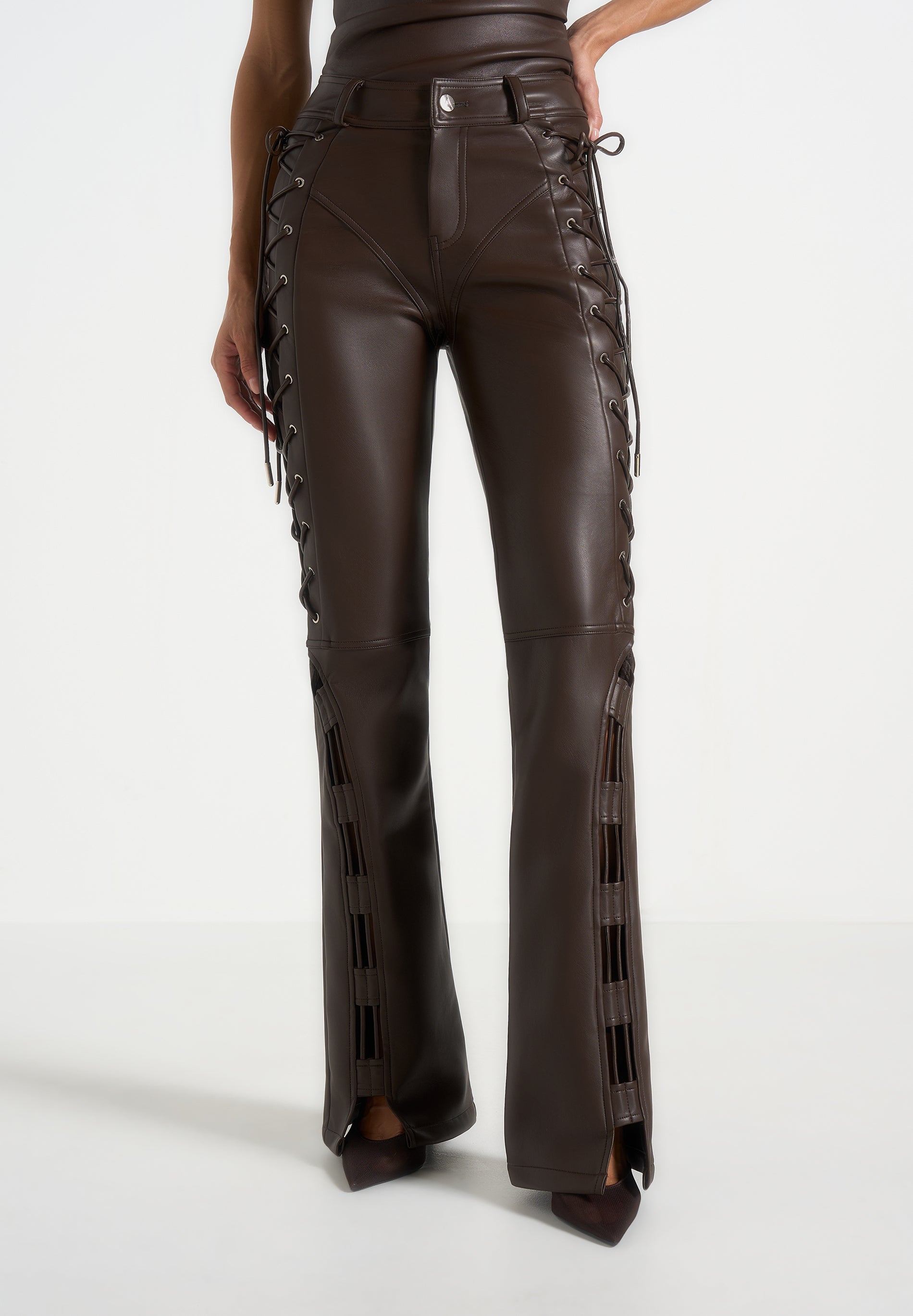 ambre-leather-lace-up-flared-trousers-brown