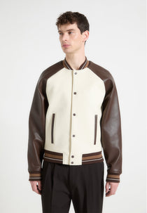 Guy - Contrast Leather Bomber Jacket - Cream/Brown
