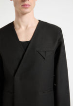 Collarless Double Breasted Minimal Blazer - Black