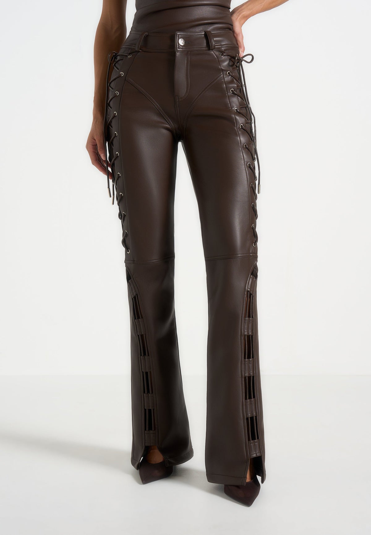 Ambre - Leather Lace Up Flared Pants - Brown