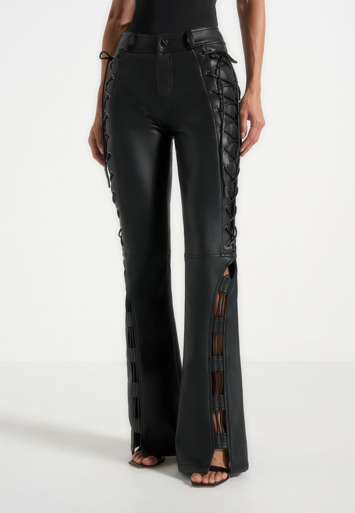 Ambre - Leather Lace Up Flared Pants - Black