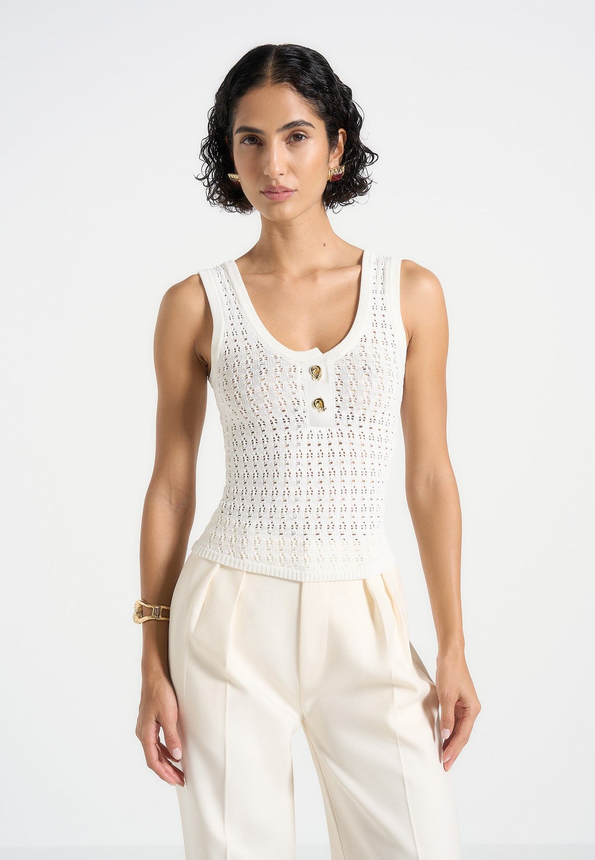 Nora - Pointelle Knitted Tank Top with Knot Button - Cream