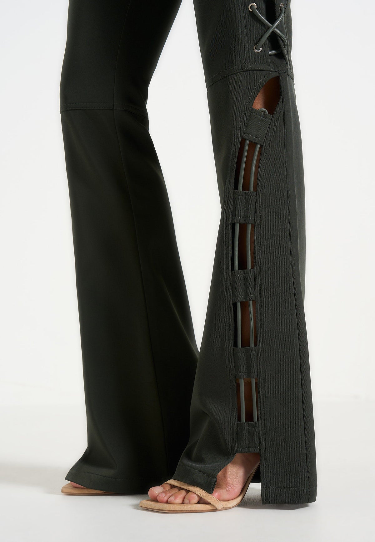 Ambre - Drill Lace Up Flared Pants - Olive