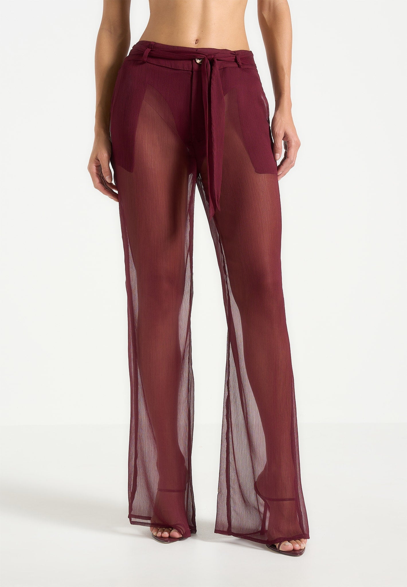 Sheer Belted Pants - Wine Red