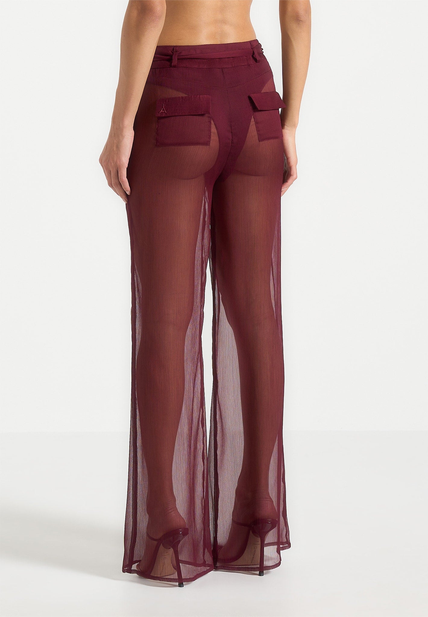 Sheer Belted Pants - Wine Red