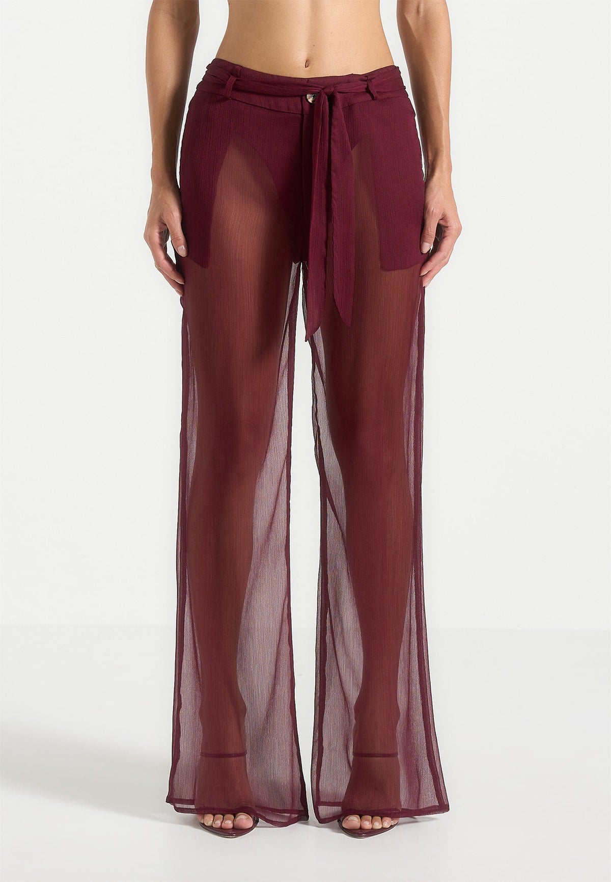 Sheer Belted Pants - Wine Red