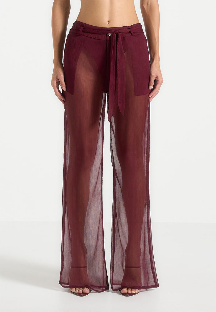 Sheer Belted Pants - Wine Red