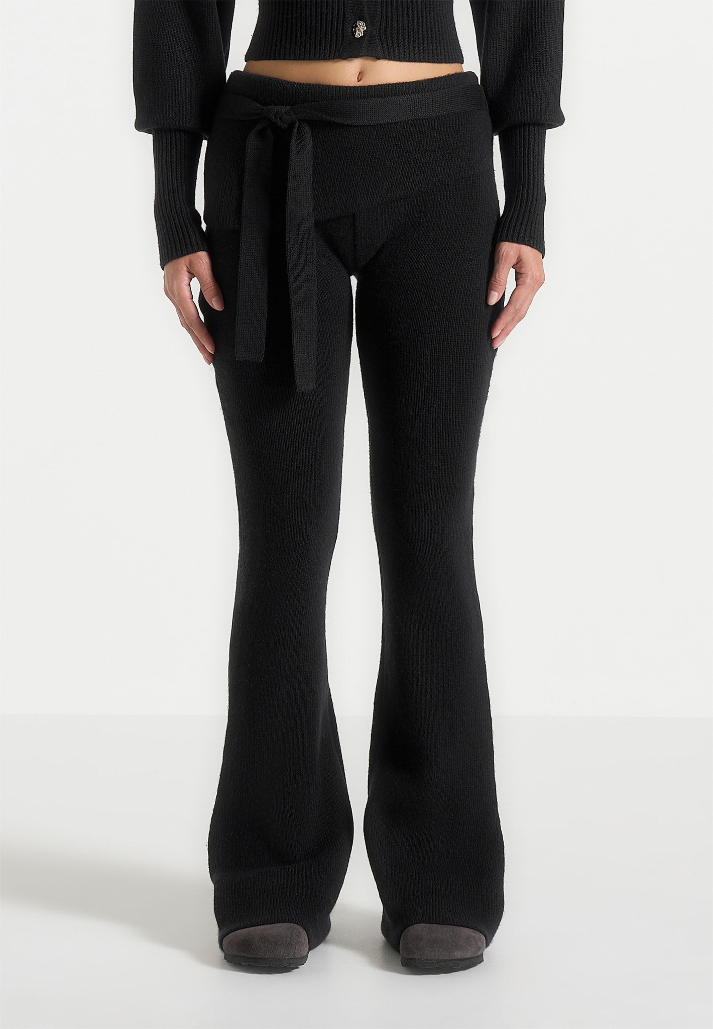 Knitted Fit & Flare Leggings with Belt - Black