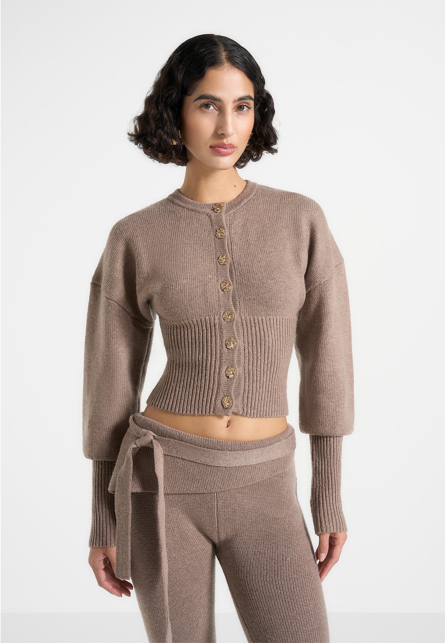 Knitted Cinch Waist Cardigan - Taupe 