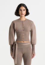 Knitted Cinch Waist Cardigan - Taupe
