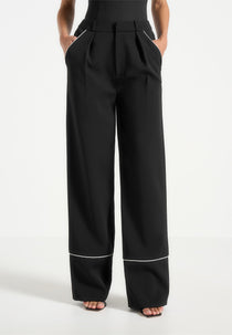 Mina - Contrast Piped Pleated Trousers - Black/White