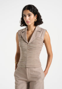 Thea - Mesh Ruched Waistcoat - Mushroom