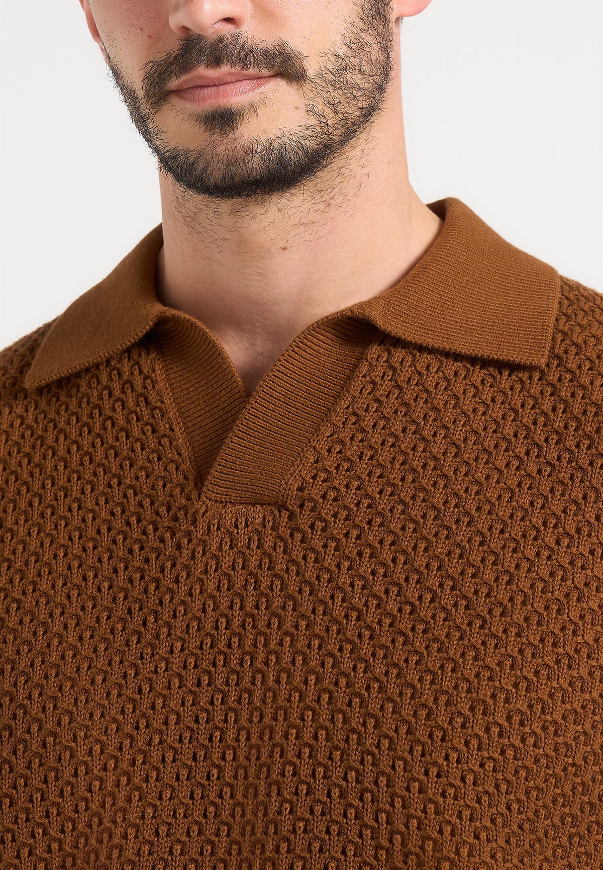 Conrad - Open Knit Polo Shirt - Fawn