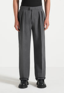 P⁠ierre - Relaxed Fit Hatched Pleated Tailored Trousers - Dark Grey