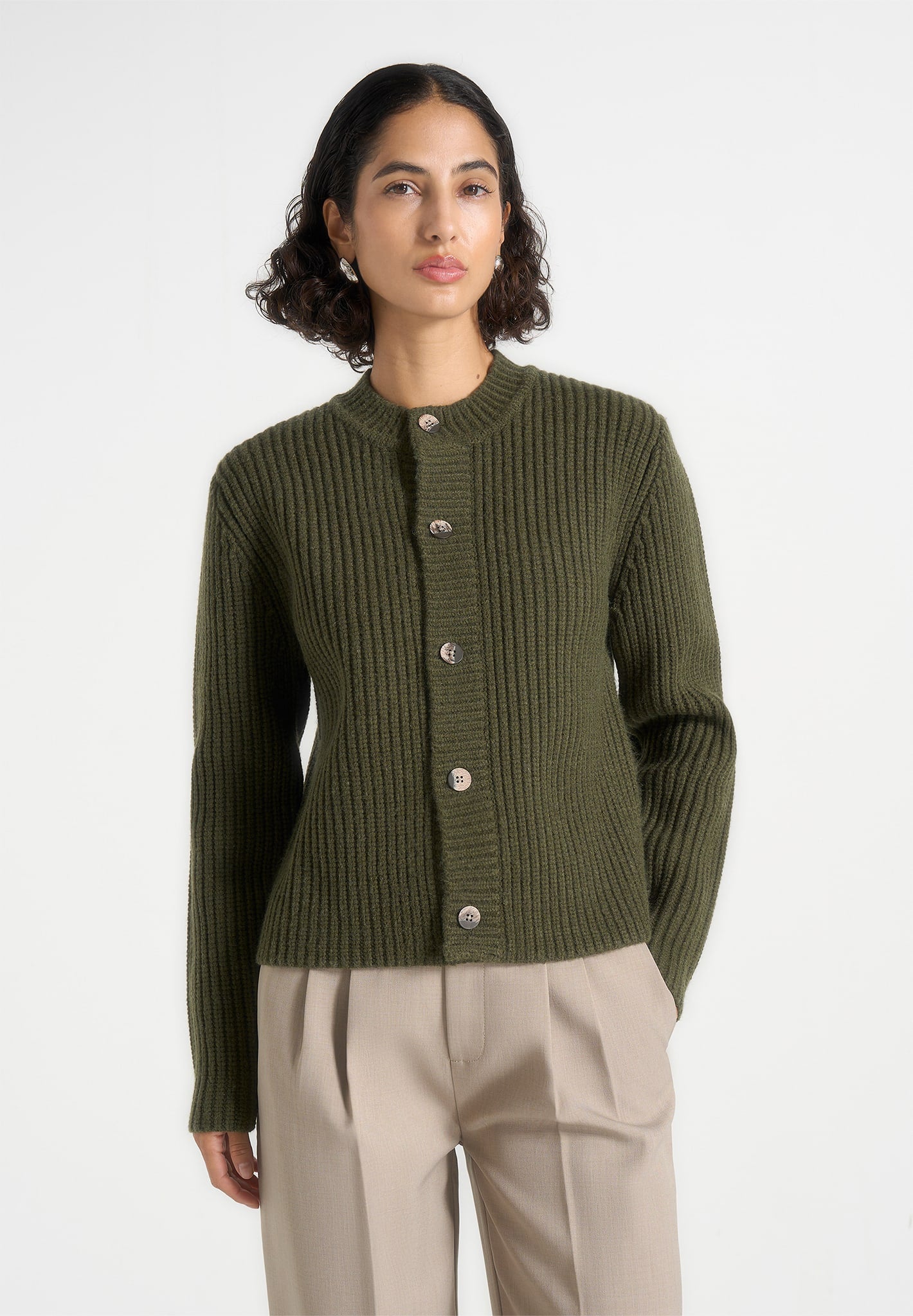 Alix - Unisex Crewneck Ribbed Knit Cardigan - Olive 