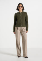Alix - Unisex Crewneck Ribbed Knit Cardigan - Olive