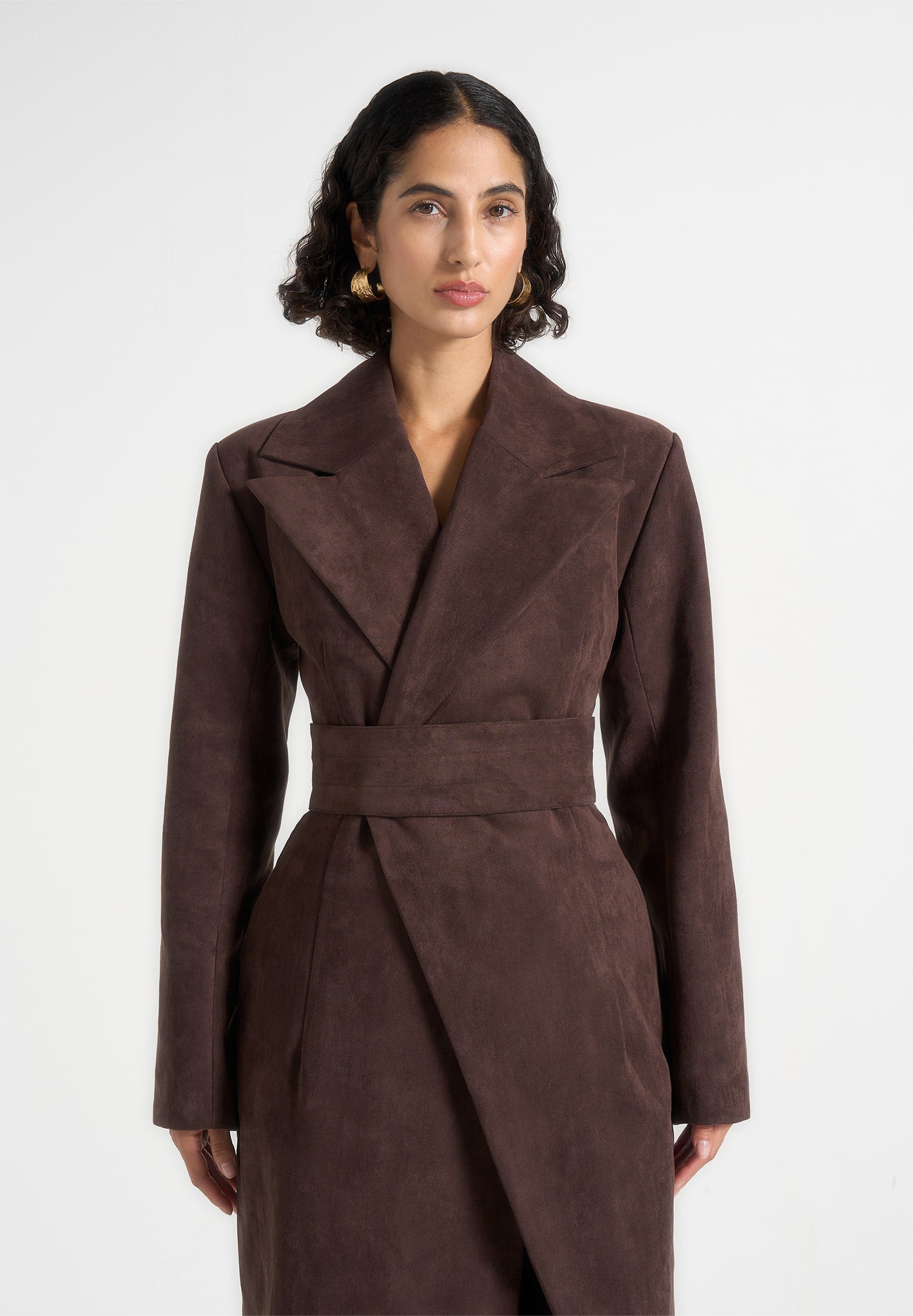 Esma - Suede Asymmetric Coat with Cinch Belt - Brown