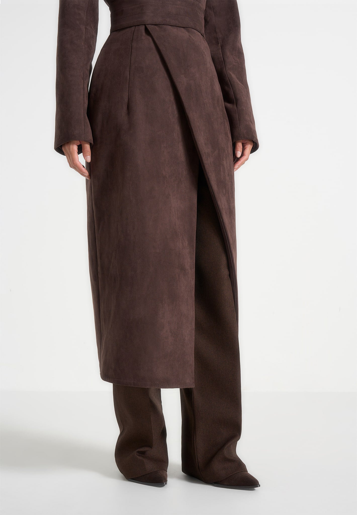 Esma - Suede Asymmetric Coat with Cinch Belt - Brown