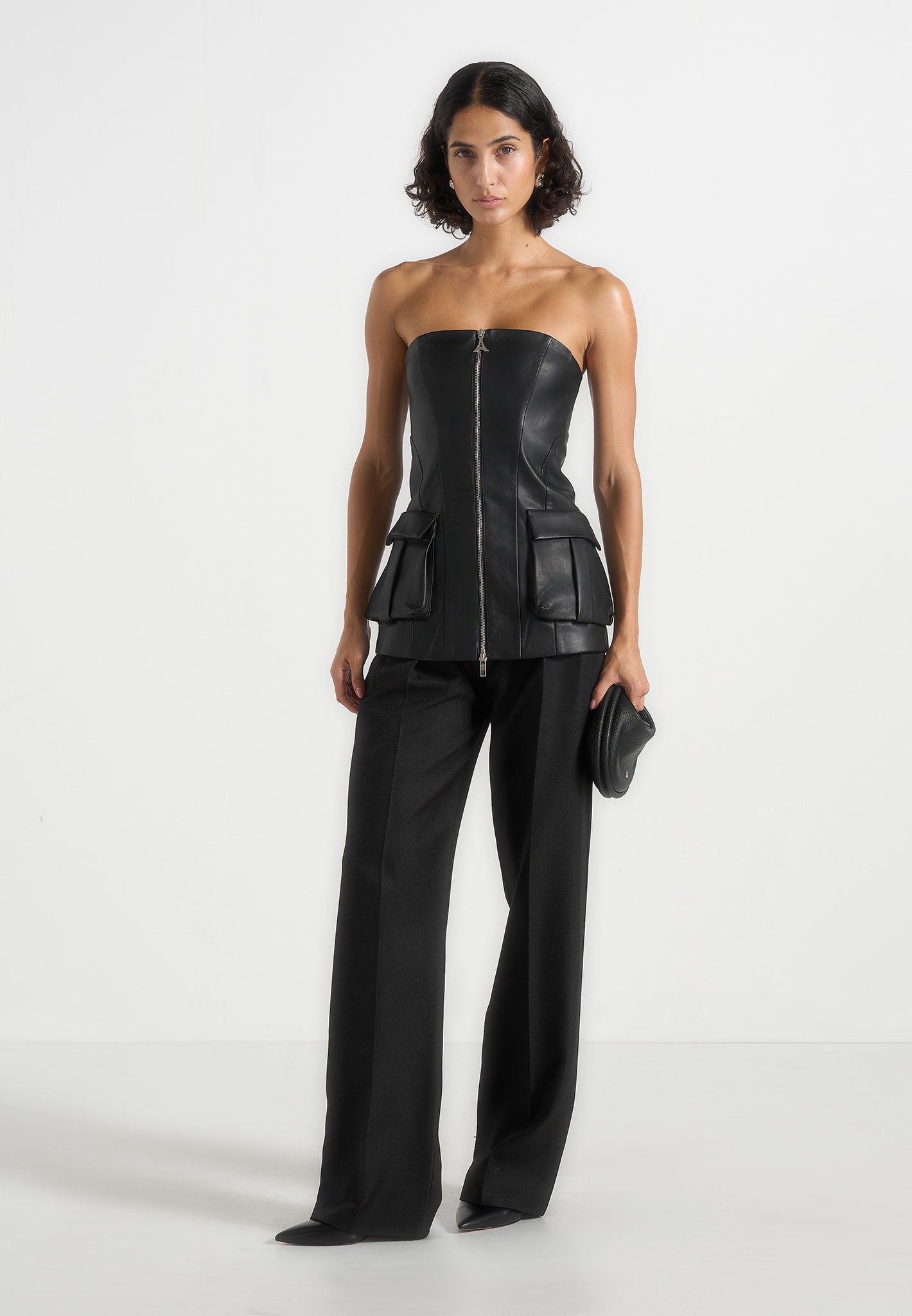 Leather Longline Bandeau Top - Black 